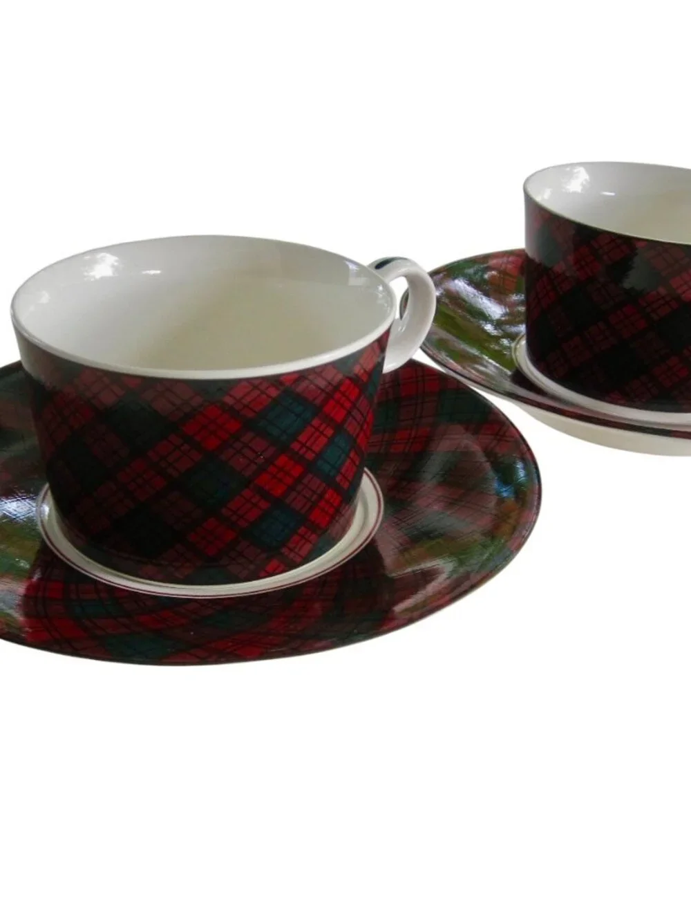 Vintage 80s Arita Tartan Red Plaid Cup & Saucer 2 Sets Preppy Christmas JAPAN